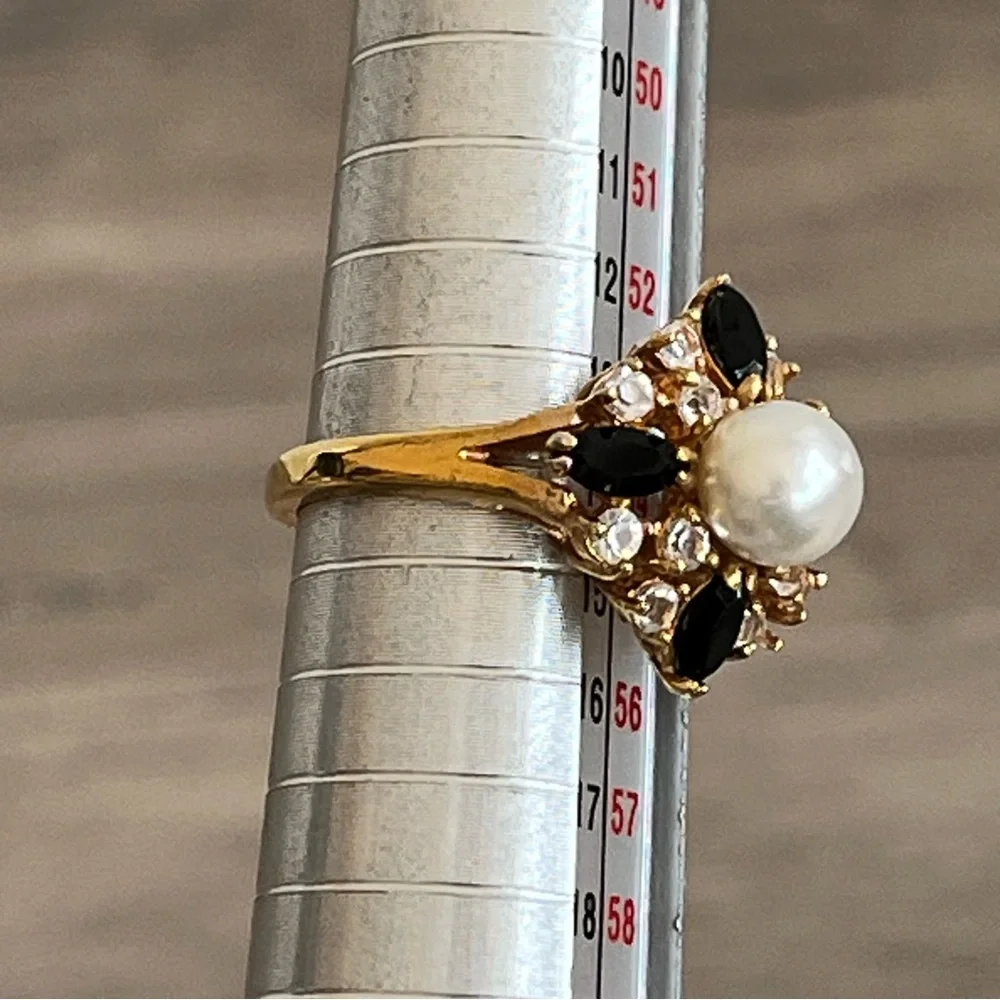 Elegant Pearl, Cubic Zirconia and Black Marquis Multi-Stone Gold Toned Ring